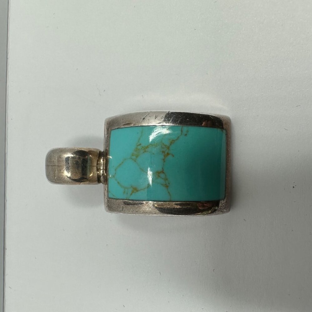 Sterling 925 Silver Turquoise Inlay Curved Necklace Pendant 16g Boho Southwest - Picture 2 of 9